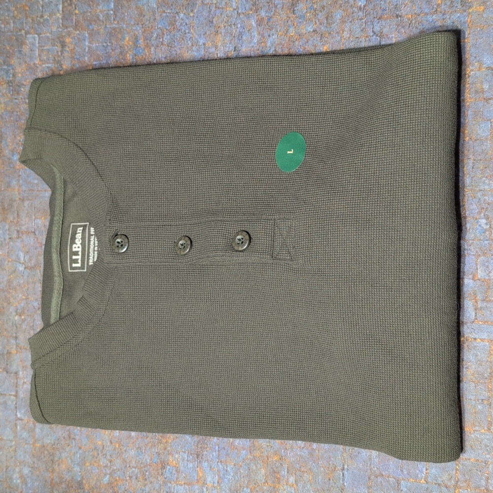 L.L. Bean Unshrinkable Mini Waffle Henley Traditional Fit Forest Green L REG